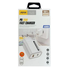 Мережевий зарядний пристрій Aspor A805 USB/USB-C/PD 20W плюс кабель Type-C to Type-C білий