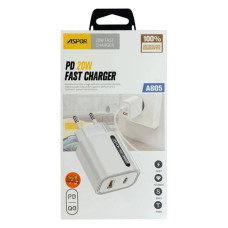 Мережевий зарядний пристрій Aspor A805 USB/USB-C/PD 20W плюс кабель Type-C to Lightning білий