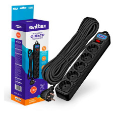 Мережевий фільтр Svittex SV-013 5 гнізд 10м з заземленням та вимикачем 3х0.75мм2 10А чорний
