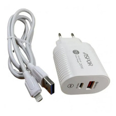 Мережевий зарядний пристрій Aspor PD002 USB-C/USB QC 3.0/PD 20W плюс USB кабель Lightnin білий Мережевий зарядний пристрій Aspor PD002 USB-C/USB QC 3.0/PD 20W плюс USB кабель Lightnin білий