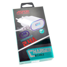 Мережевий зарядний пристрій Aspor A802 Plus 1USB/2.4A LED плюс кабель USB Type-C білий Мережевий зарядний пристрій Aspor A802 Plus 1USB/2.4A LED плюс кабель USB Type-C білий