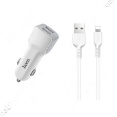Автомобільний зарядний пристрій Hoco Z23 5V / 2.4а 2 USB plus Lightning кабель білий