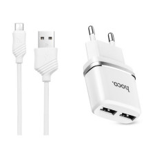 Мережевий зарядний пристрій Hoco C12 2.4A 2USB плюс кабель Micro USB білий
